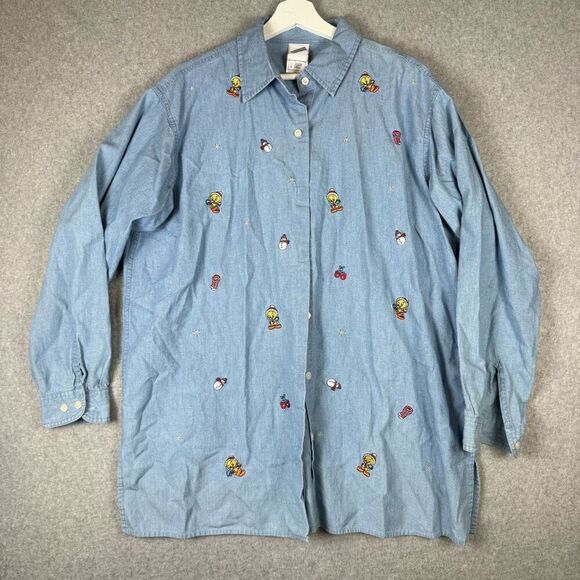 Warner Bros. Tops - Warner Brothers Womens L Button Front Embroidered Denim Shirt Tweety Christmas